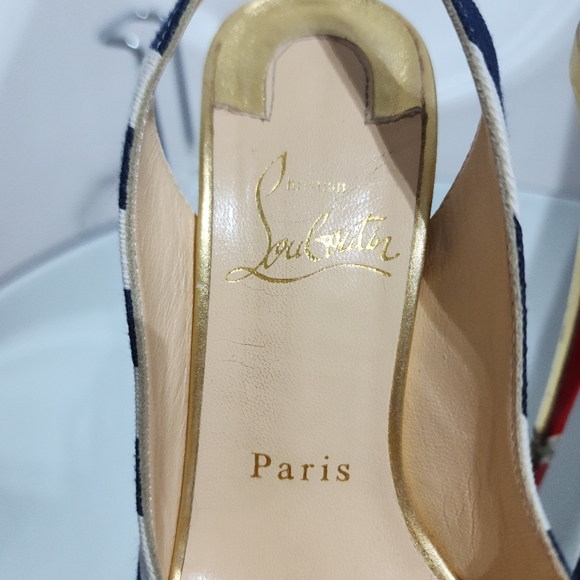 Christian Louboutin Lady Peep Sling 150 Toile Rayee Stripe Pumps Heels Size 35 - Picture 10 of 12